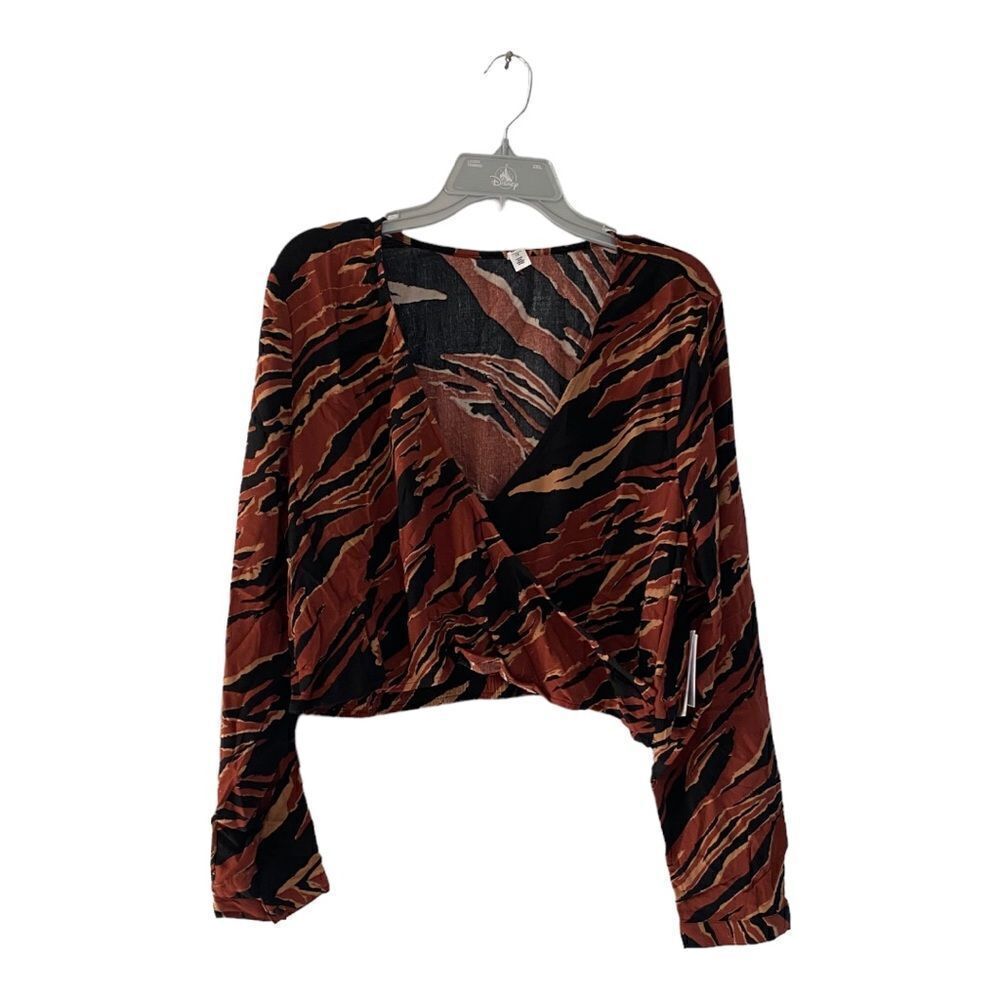 NWT BP Burnout Tiger Stripe Wrap Front Crop Top 1X Brown Animal Print Long Sleev